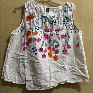 Sleeveless Floral Blouse - White with Pink, Orange, and Blue Accents